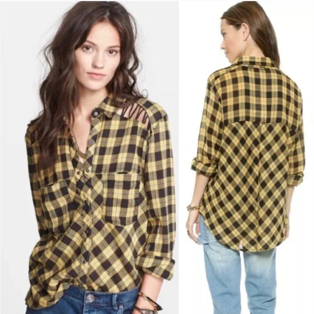 Free People Gauzy Plaid Lace-Up Button Down Shirt Size Large